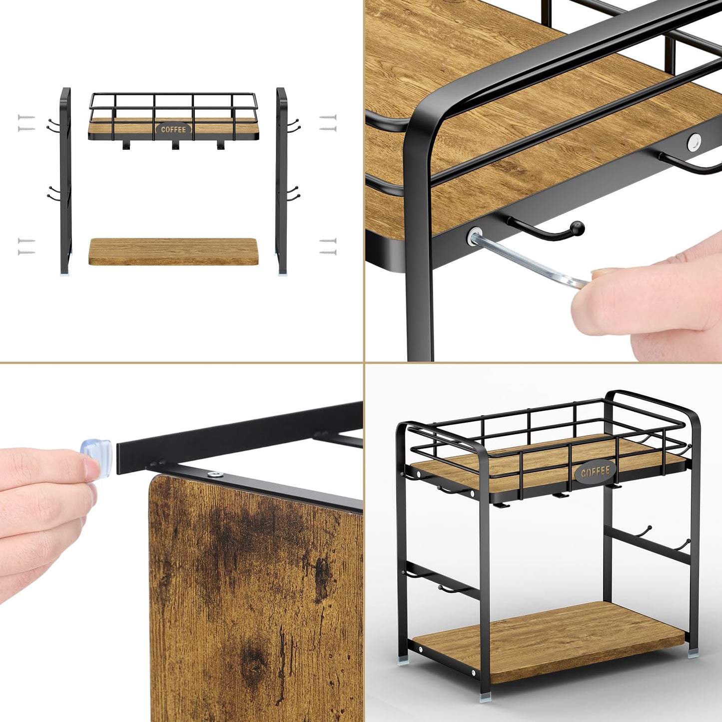 Vivise Coffee Bar Organizer Coffee Cup Holder 2 Tier Mug Stand Rack for Countertop Kitchen Storage with 14 Hooks