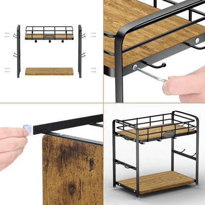 Vivise Coffee Bar Organizer Coffee Cup Holder 2 Tier Mug Stand Rack for Countertop Kitchen Storage with 14 Hooks