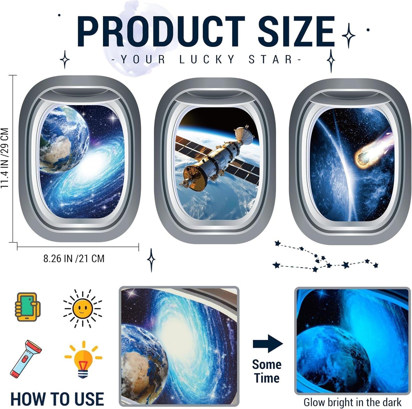 Quanhaigou Glow in The Dark 3D Space Wall Decals, Set of 3 Galaxy Window Stickers for Wall,Planet Themed Room Decor for Kids Boys