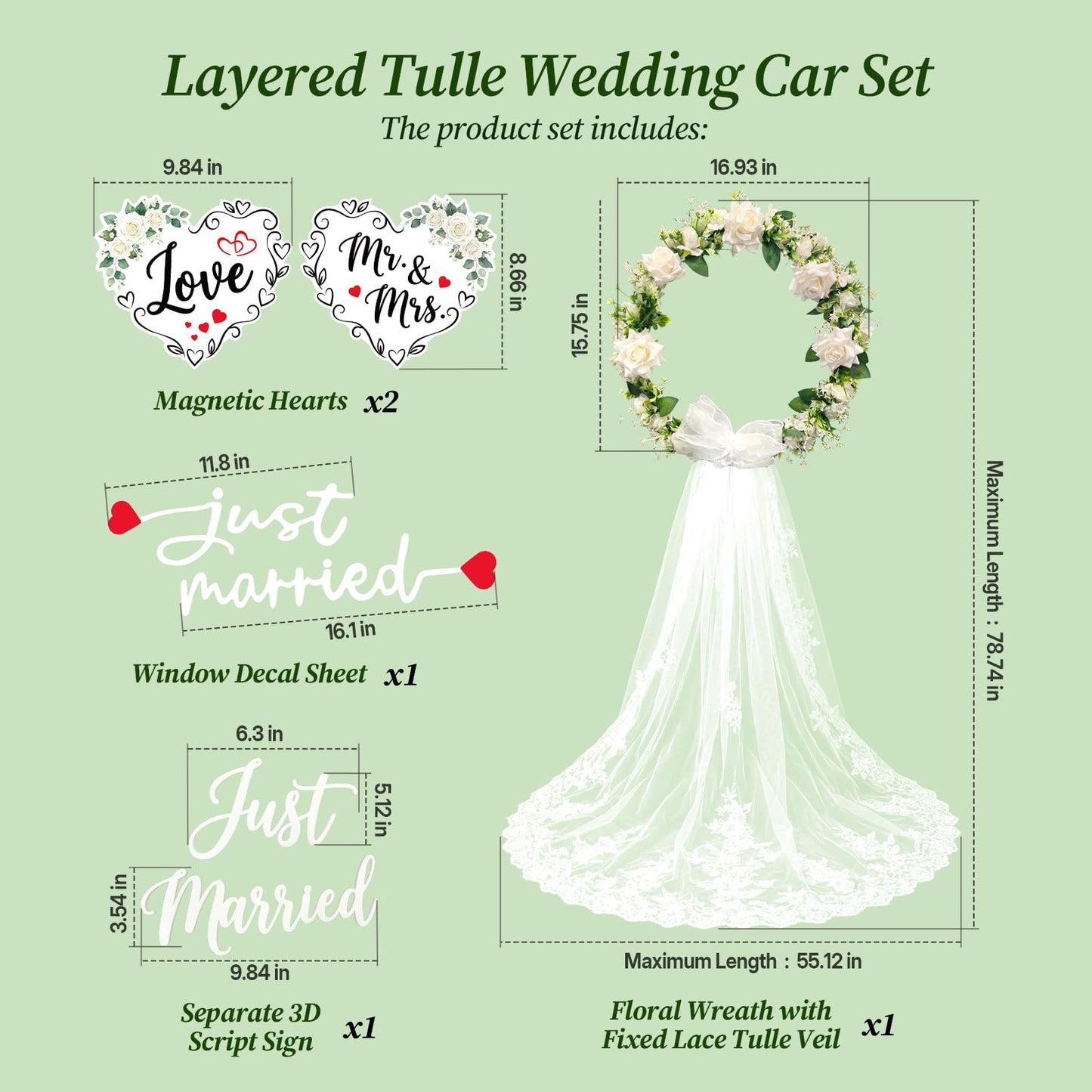 Just Married Car Decorations Set – White Floral Wreath with Long Tulle, Static-Cling Window Decal, Magnetic “Mr & Mrs” & “Love” Heart Signs – Elegant Wedding Getaway Car Decor Kit