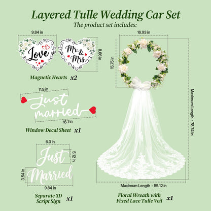 Just Married Car Decorations Set – White Floral Wreath with Long Tulle, Static-Cling Window Decal, Magnetic “Mr & Mrs” & “Love” Heart Signs – Elegant Wedding Getaway Car Decor Kit