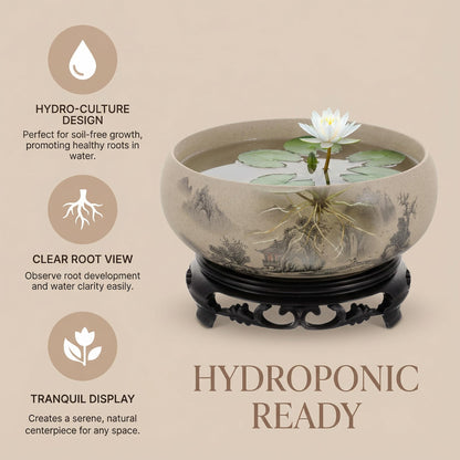 Water Lily Bowl Planter - Narcissus Bonsai Pot Ceramics Hydroponic Lotus Planter Ceramic Water Lily Pot with Stand No Drainage Plant for Plants Display Lucky Bamboo Home Garden Chinese Fish Bowl