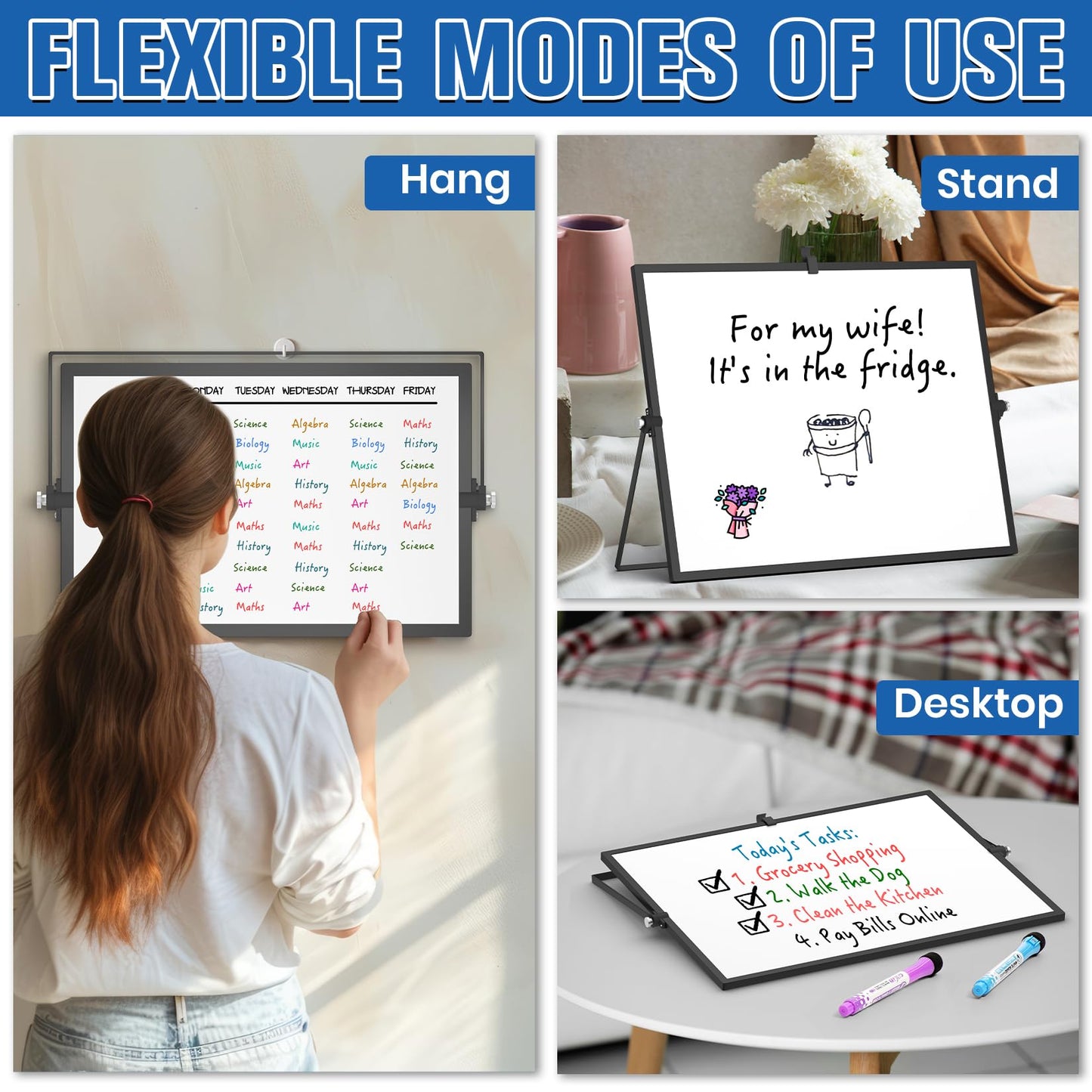Grtard Dry Erase Magnetic White Board, 16''x12'' Double-Sided Desktop Whiteboard with Stand, Portable Small Whiteboard Set, Dry Erase Board for to-Do Lists, Drawing, Office, Home(Black)