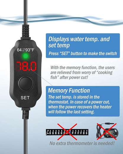 AquaMiracle Aquarium Heater 100W Fish Tank Heater for 10-20 Gal Tanks, LED Digital Display Thermostat Turtle Heater with Out-of-Water Auto Shut-Off, Overheat Protection & Memory Function