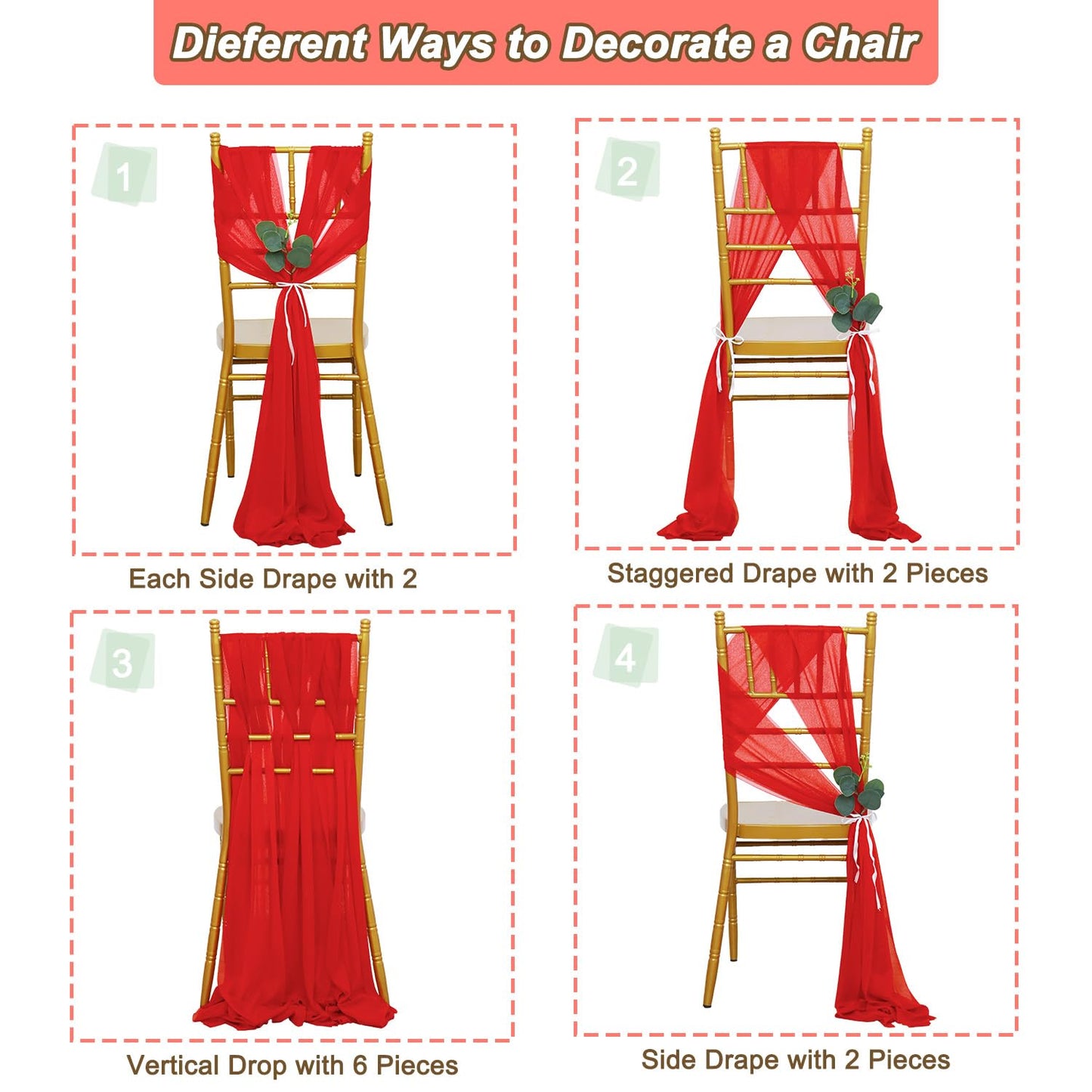 FUHSY Wedding Chair Sashes Upgraded 24 Pack 8FT Long Red Sashes for Chair Covers Aisle Decorations for Wedding Ceremony Sheer Chiffon Chairs Bows for Party Event Banquet Prom Decor