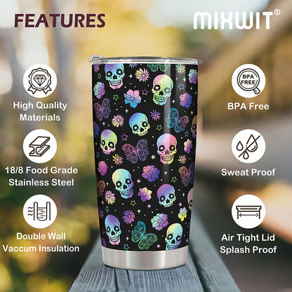 MIXWIT 20oz Rainbow Skull Stainless Steel Insulated Tumbler with Lid Colorful Floral & Butterflies Gothic Punk Style Coffee Travel Mug Cup Birthday Halloween Christmas Skull Gifts for Women