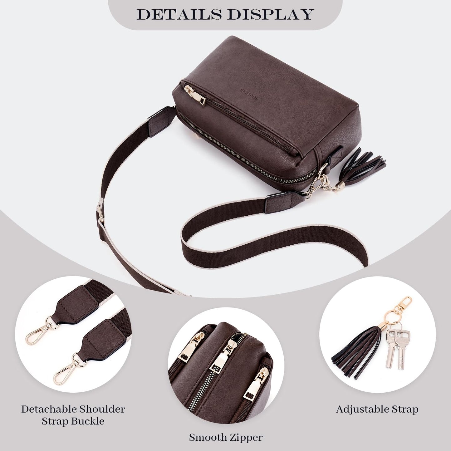 Roulens Triple Zip Small Crossbody Bag for women,Wide Strap Cell Phone Purse Shoulder Handbag Wallet with Credit Card Slots