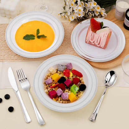 BESTSTAR 200 Pack Disposable Soup Bowls with Silver Rim, 12oz Premium Heavy Duty Plastic Dinner Bowls for Party, Wedding and Holiday
