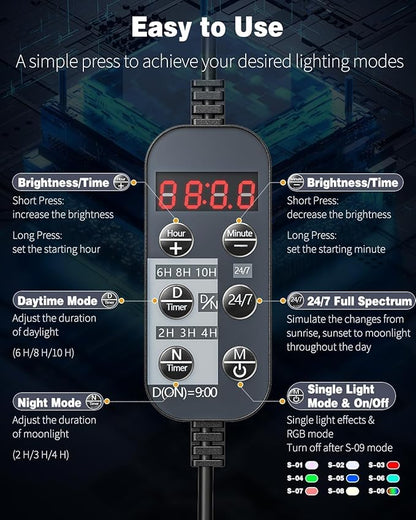 Pawfly 17W 24/7 Aquarium LED Light for 12" to 18" Tanks Extendable Fish Tank Light with Full Spectrum White Blue Red Green Lights with D/N Mode Single Color Effects Timer and Adjustable Brightness