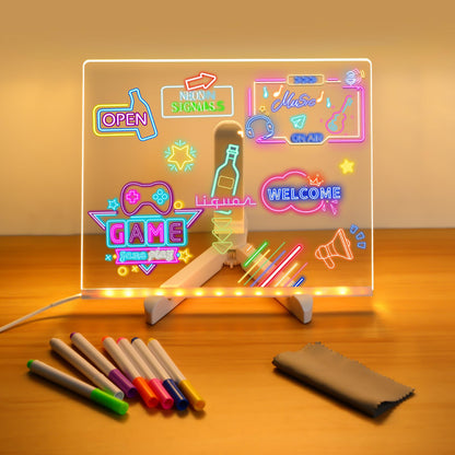 LED Note Board with Colors, Light Up Acrylic Message Board, Glowing Acrylic Dry Erase Board with Light, Led Drawing Board with Stand, 7 Markers (Small 5.9 * 5.9 inches)