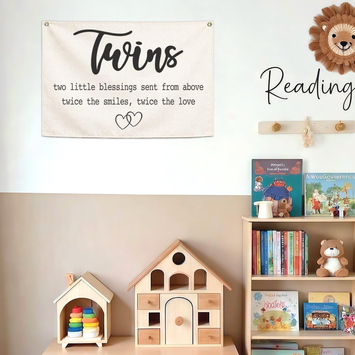 Twin Room Sign Canvas Banner-Nursery Wall Decor Rectangular Flag Sign for Baby Kids Newborn Nephew,Bedroom Baby Room Door Decoration,Twins Two Little Blessings Quote,Christmas Gift 28.5"L x 20"W