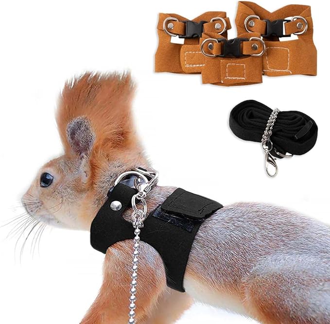 3 Pack Squirrel Harness and Leash Set - Adjustable Traction Rope Strap Anti-Biting Chain,Small Animal Training Walking Vest Leash for Squirrel Gerbil Chinchilla Rat (Brown)