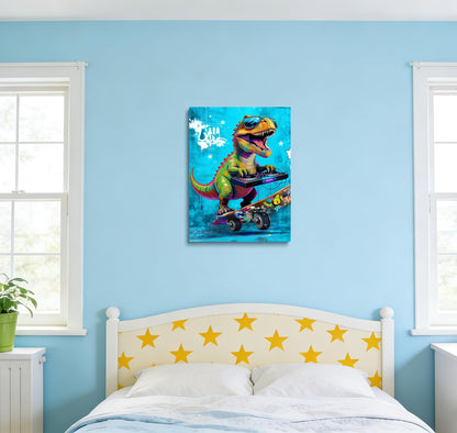 16x24 Graffiti Blue Skateboard T-Rex Dinosaur Canvas Wall Art Prints, Framed Watercolor Animal Pop Cool Painting, Funny Kids & Teen Boy Bedroom Decor, Home Bathroom Living Room Wall Poster Gift