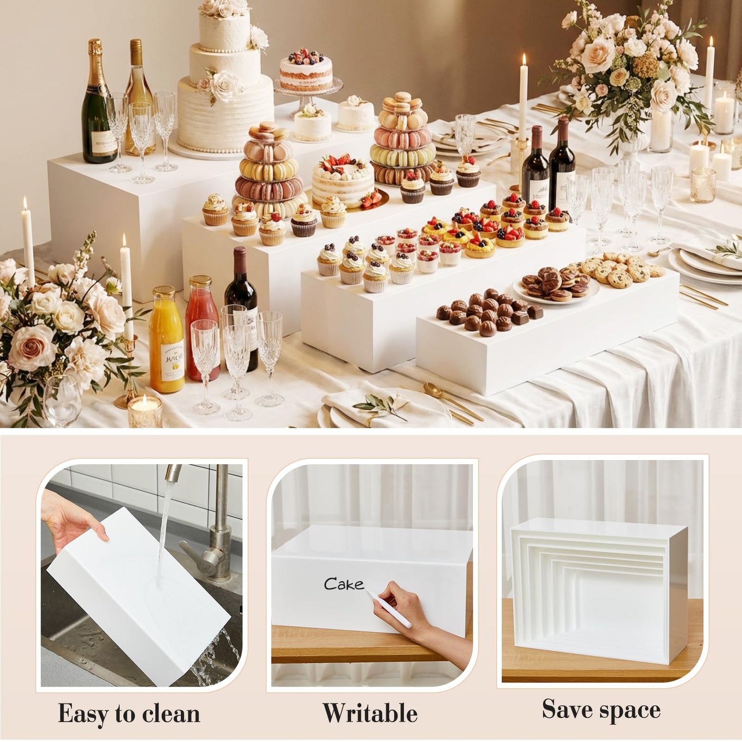Leinuosen 10 Pcs Extra Large Acrylic Buffet Risers for Food Display Stands Box, Rectangle Catering Dessert Table Risers Decorative 7 to 16 Inch, Hollow Bottom for Weeding Brunch Party Supplies(White)
