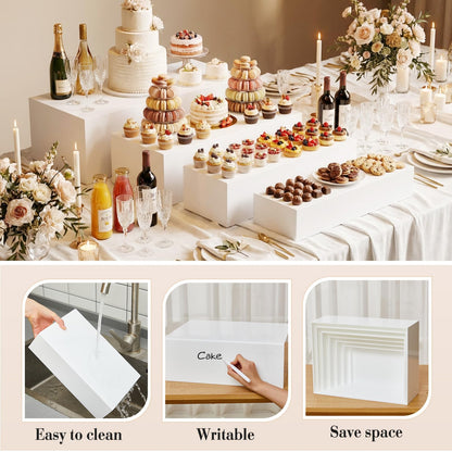 Leinuosen 10 Pcs Extra Large Acrylic Buffet Risers for Food Display Stands Box, Rectangle Catering Dessert Table Risers Decorative 7 to 16 Inch, Hollow Bottom for Weeding Brunch Party Supplies(White)