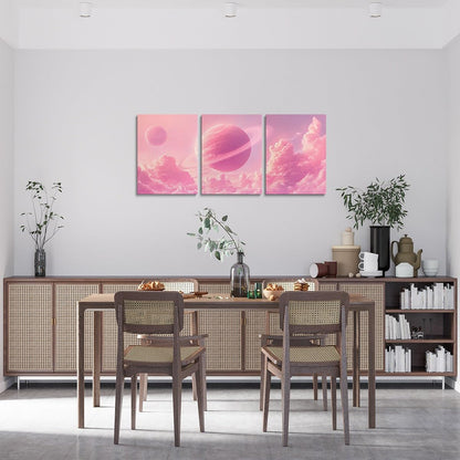 Feelyou Pink Galaxy 3 Piece Canvas Wall Art for Living Room Bedroom Starry Solar System Wall Art for Home Decor 3D Printed Space Office Decor Artwork Dreamy Nebula Picture Painting Posters