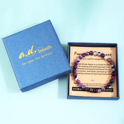 AD Beads 4mm Handmade Purple Stripe Agate Elastic Bracelet – Natural Gemstone for Peace and Tranquility – Meditation, Yoga, Healing and Energy Gift for Men Women