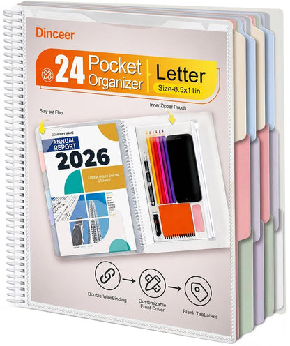 Dinceer 24 Pocket Spiral Project Organizer Folder, Morandi Color Multi Pocket Folder with Inner Zipper Pouch for School, Office, Bills and Documents
