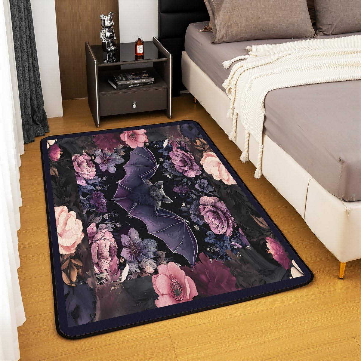 Black Floral Bat 5x7 Area Rug Halloween Bats Living Room Rug | Boho Flowers Rugs for Bedroom, Romantic Plant Gothic Carpet Indoor Floor Mat