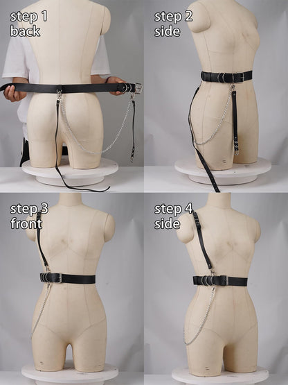 Women's Adjustable Waist Belt with Shoulder Strap & Chain – Faux Leather Fashion Belt with Alloy Ring – Streetwear Layering Accessory for Festival Photoshoot Performance Outfit (Fit Waist 21.5-36.0in)