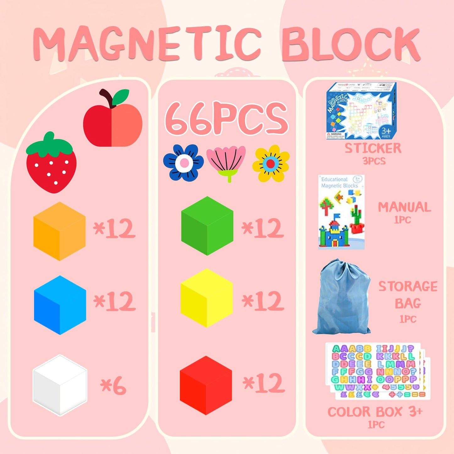 AOMACO 66PCS Magnetic Building Blocks for Kids, 1.3" Large Magnetic Cubes STEM Toys for 3+ Year Old Boys Girls, Sensory Stacking Blocks Learning Toys, for Toddlers & Kindergarten