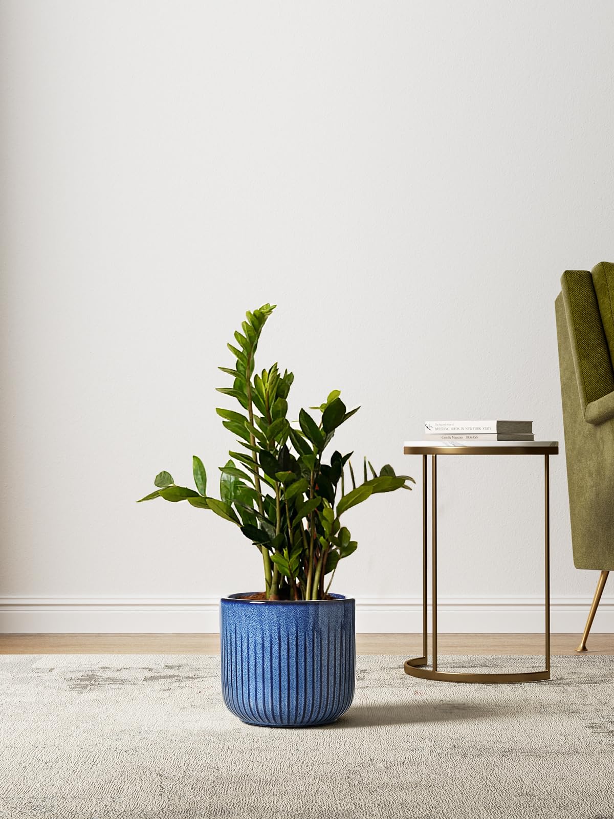 LE TAUCI Ceramic Plant Pots, 8.3/7/6 Inch Indoor Planters with Drainage Holes & Mesh, Modern Glossy Glaze Cylinder Fluted Flower Pot for Snake Plant, Set of 3, Harbor Blue