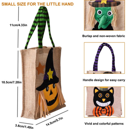 BravOne Halloween Trick or Treat Bags, 4 PCS Cute Pumpkin & Witch & Black Cat & Skeleton Halloween Candy Bucket For Kids - Small Reusable Burlap Tote Bag with Handles for Party Favor Supplies (#A)