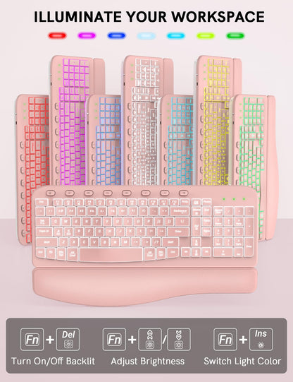 SABLUTE Wireless Keyboard and Mouse Combo Ergonomic - MA12Pro Wave Keyboard with Leather Wrist Rest for Comfortable Typing, RGB Backlit Rechargeable for Windows, Mac, PC, Laptop (Pink)