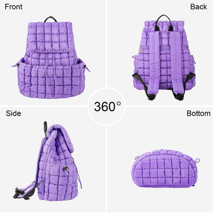 XSUIOY Quilted Backpack Purse for Women Small Lightweight Puffer Puffy College Laptop Backpack Nylon Casual Bookbag Daypack Top Flap Drawstring Padding Hiker Travel Gym Backpack(Purple)