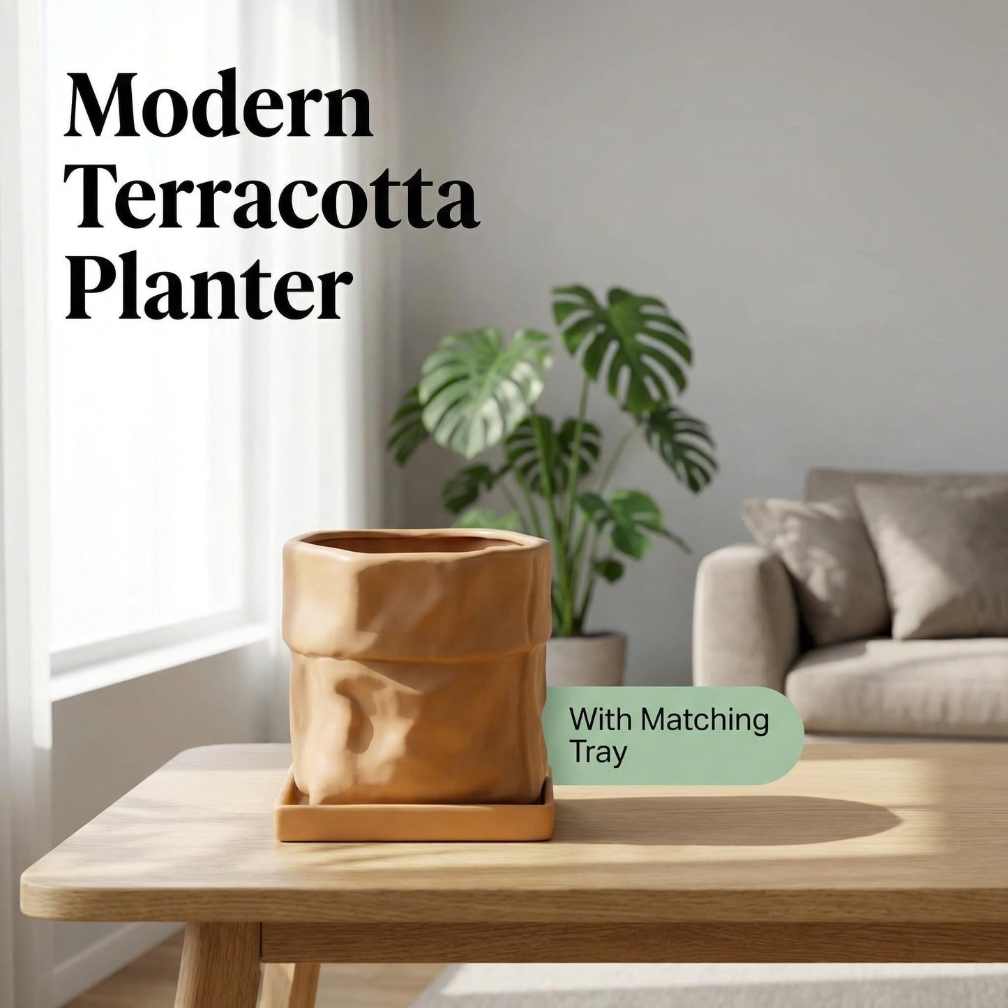 Nihow Ceramic Plant Pot: 6 Inch Planter with Drainage Hole & Square Saucer for Herbs/Plants, Bag Shape Design Flower Pot for Indoor & Outdoor Garden Decor - Terracota