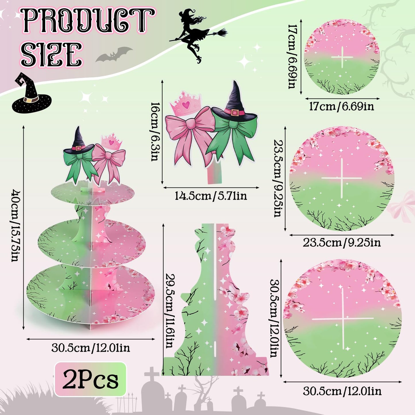 2 Pack Pink and Green Cupcake Stands Witch Themed Birthday Party Supplies,3 Tier Halloween Cardboard Cupcake Holder Tower for Wicked Party,Birthday, Baby Shower
