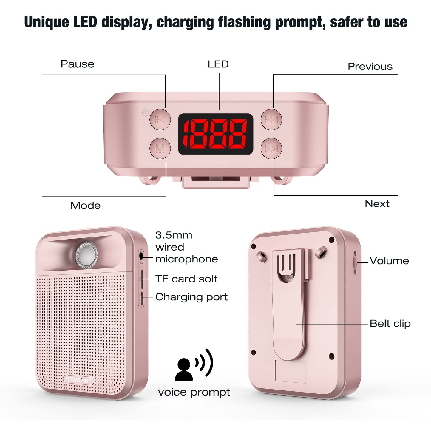 Voice Amplifier, Towevine Rechargeable Microphone for Teachers, Portable Speaker with Headset and Waistband for Classroom, Singing, Coach, Training, Presentation, Tour Guide (Pink)