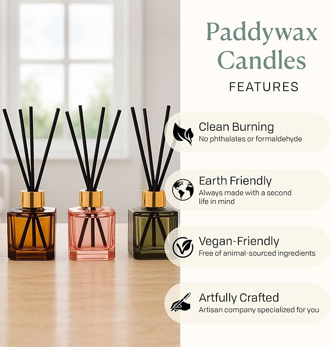 Paddywax Botanica Scented Oil Diffuser with Reeds in Reusable Blue Glass Bottle, Tubed Gift Box, Includes Diffuser Sticks, Long-Lasting Fragrance, Reusable & Upcyclable, Sea Salt & Amber, 2.8 fl oz