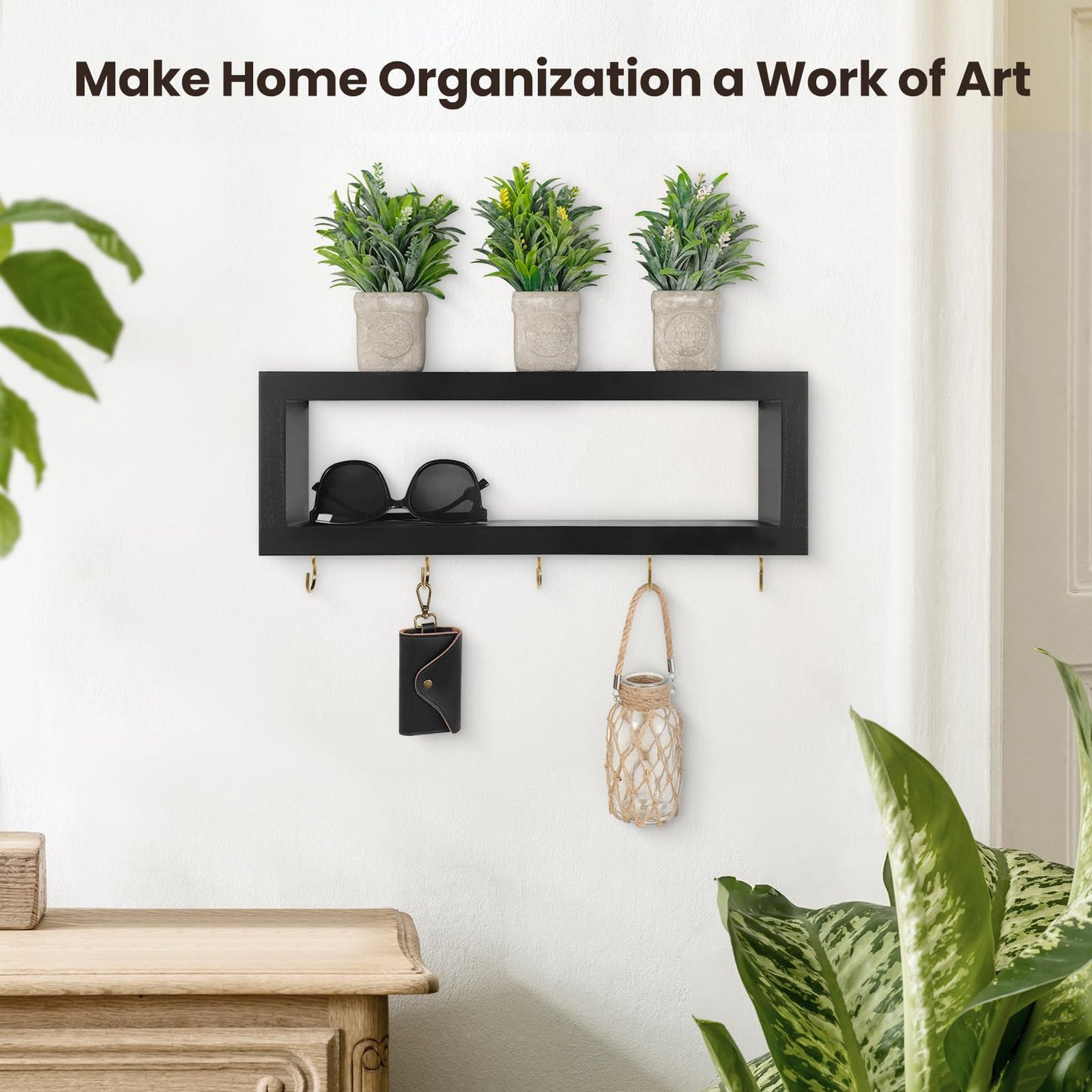 Lwenki Wall Shelf with Hooks - Decorative Key and Wallet Holder for Wall Holds Sunglasses, Leashes, Scarves and Lanyards - 15.7" x 5.1" x 2.9" Entryway Organizer Made of Paulownia Wood (Black)