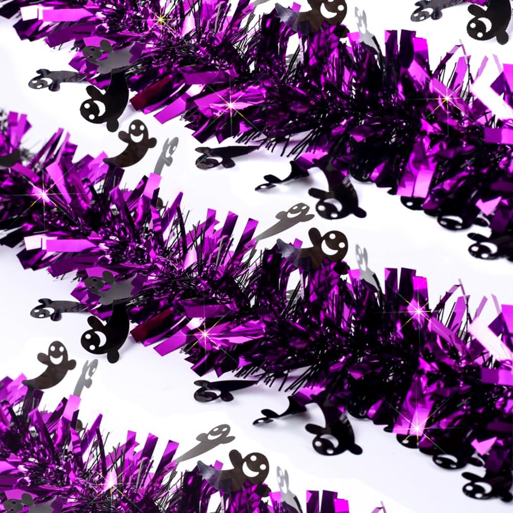 66 Ft Halloween Purple Tinsel Garland with Black Small Ghost Glitter Fluffy Tassel Twist Garland Hanging Decoration for Halloween Home Tree Ornaments Holiday Indoor Outdoor Party Decorations