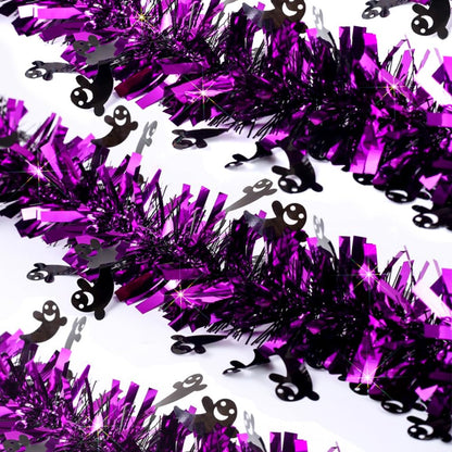 66 Ft Halloween Purple Tinsel Garland with Black Small Ghost Glitter Fluffy Tassel Twist Garland Hanging Decoration for Halloween Home Tree Ornaments Holiday Indoor Outdoor Party Decorations