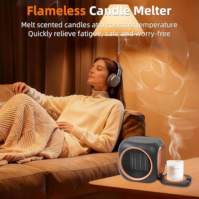 Space Heater with Mug Warmer, Electric Space Heaters for Indoor Use with Thermostatc, Candle Warmer Pate for Bedroom, Office, Large Room Use