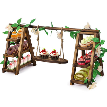NANXITU Wooden Cupcake Stand,3 Tier Cake Stands Party Food Display Serving Platter Tray Ladder Stand with Swing and Flower Decor,Rustic Dessert Table Display Set for Cake Fruit Donut Snack Cookie