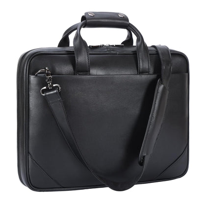 Masa Kawa Black Leather Slim Briefcase 14 Inch Laptop Bag for Men Crossbody Shoulder Messenger Computer Bags Attache Case for Business Work Lawyer