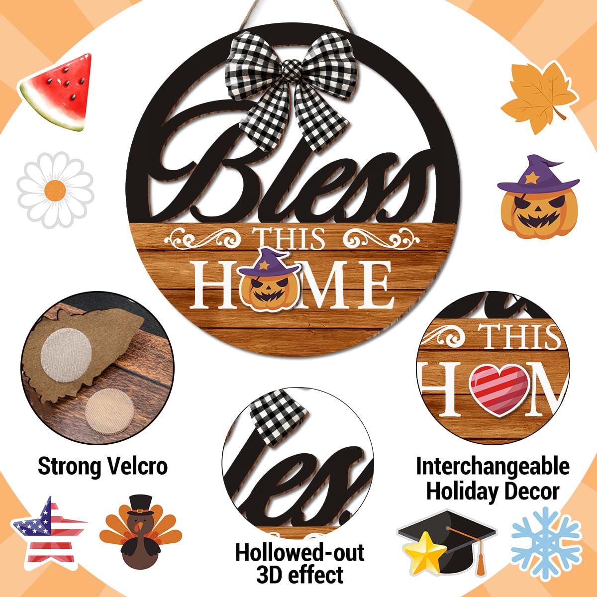 Interchangeable Seasonal Bless This Home Hanging Sign - Farmhouse Front Door Decoration for Spring All Seasons Holidays - Rustic Round Wood Wreaths with 12 Icons(Orange)