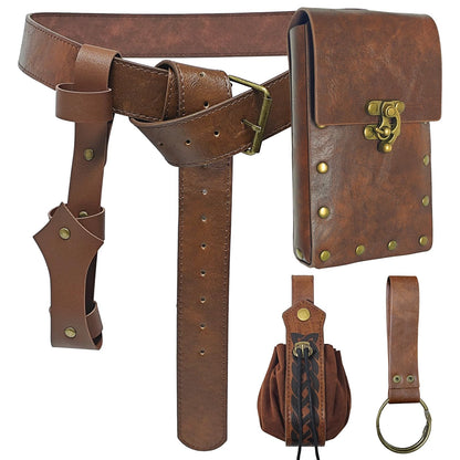 5PCS Renaissance Accessories, Medieval Viking Leather Belt Set Phone Pouch, Waist Bag, Keychain, Fan Case & Belt for Halloween Cosplay LARP Ren Faire Pirate Costume Accessories, Brown
