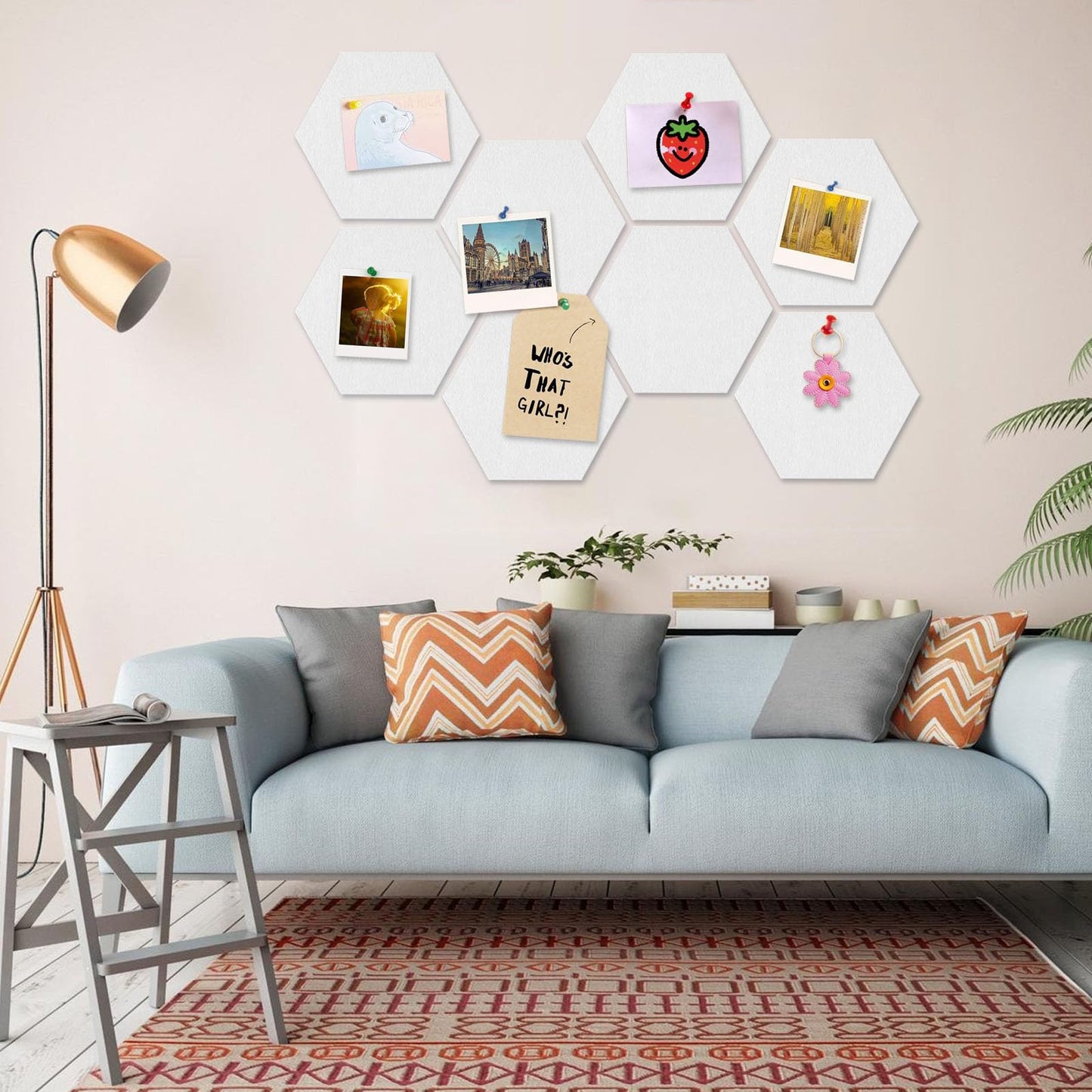 8 Packs White Hexagon Felt Pin Board, 12" Bulletin Board with 30 Push Pins, Felt Board for Home Kitchen Office Decor, Self-Adhesive Corkboard Tiles for Walls Classroom Message Photos Memos Display