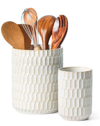 ArteBake Utensil Holder Set of 2, Large & Small Ceramic Utensil Holder for Kitchen Countertop, Farmhouse Kitchen Decor, Thick Durable Utensil Crock Organizer, Beige