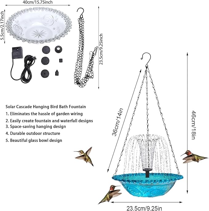 Hanging Solar Bird Bath Fountain with Water Pump, Plastic Basin, 4 Nozzles, Sturdy Metal Chains, Outdoor Garden Decor (Can Spray Water, Pink)