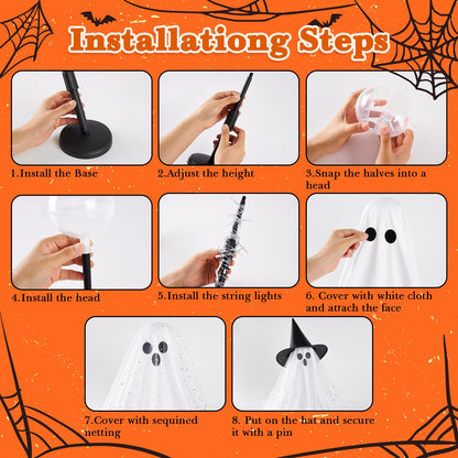 2Pcs Halloween Ghosts Decorations Indoor - Light Up Ghost Crafts with Sequined Netting, Cute Halloween Party Decorations, Spooky Ghost Decor for Home Table Fireplace Kitchen and Office