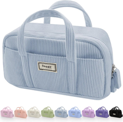 Sooez Large Pencil Case Pouch, Extra Big Pencil Bag with 5 Compartments, Pen Bag Wide Opening, Soft Corduroy Pencil Pouch Organizer with Zipper, Cute Aesthetic School Supplies for Teen Girls-Blue