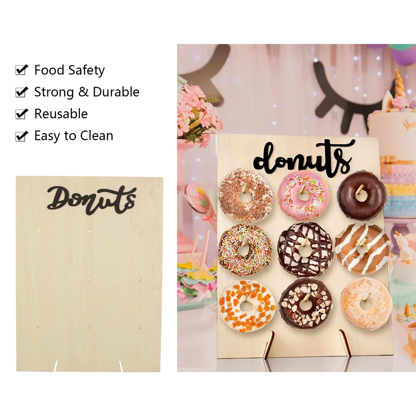 SHUESS 3 PCS Donut Wall Display Stand, Wood Donut Display Board, Donut Holder Board Stand, Wall Stands Display Board, Donut Stand Wood Decorate for Party, Wedding, Birthday, Party, Holds 9 Donuts