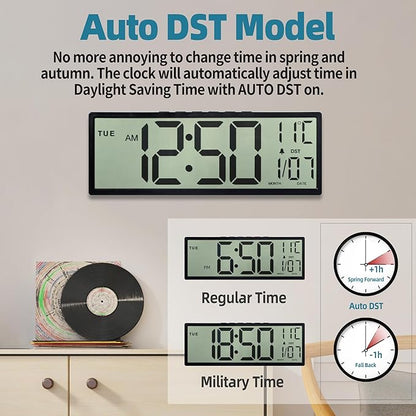 15" Large Digital Wall Clock Battery Operated Black, Clock with Large Display Numbers, Calendar, Auto DST, Clocks for Living Room, Kitchen, Office, Bedroom