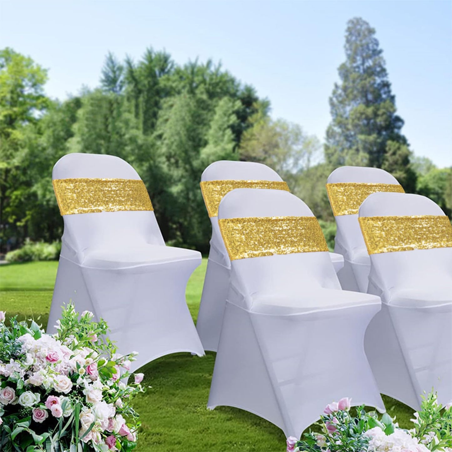 WENSINL All Sequin Gold Chair Sashes 100 Pack, Gold Sequin Chair Sashes Bows for Wedding Party Folding Chair Decoration, Golden Chairs Band with Buckles for Fiesta Event Decorations