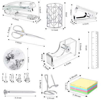 Office Desk Accessories, Acrylic Stapler, Staple Remover, Tape Holder, Pen Holder, Ballpoint Pen, Scissor, Binder Clips, 1000pcs Staples, Phone Holder, Ruler, Transparent Glue and 300 Notes